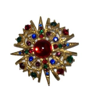 Gold Tone Vintage Starburst Brooch with Colorful Gemstones